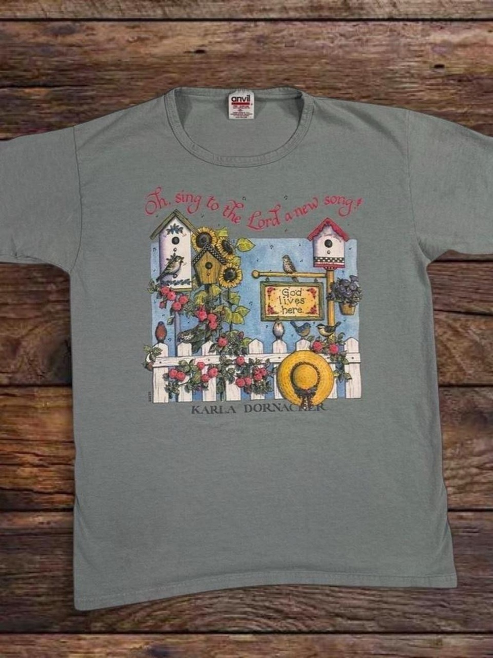 Anvil Gray Short Sleeve Tee with Garden Birdhouse Illustration
